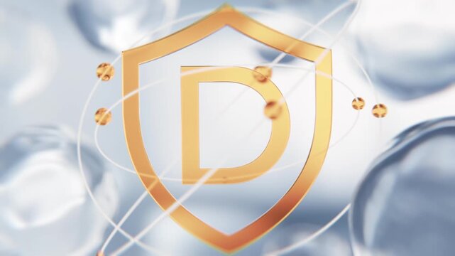 Vitamin D gold protection shield. 3D abstract background for pharma supplements. Medical defense capsule, immune booster drops, pharmaceutical sun vitamin formula for skin and bone health