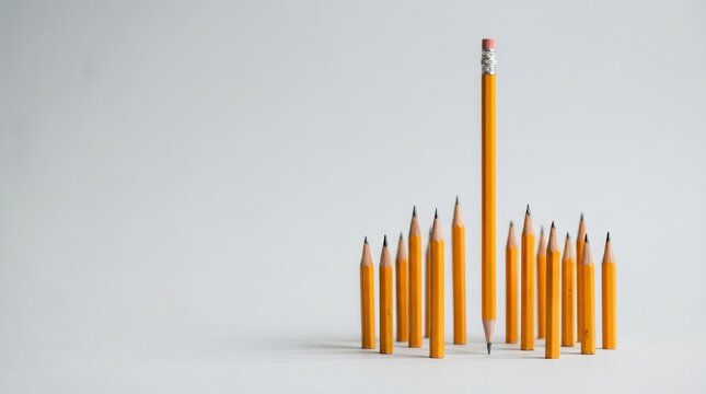Leadership Concept with Tall Yellow Pencil Standing Out from Group on Minimalist Background Website Banner Copy Space