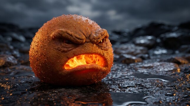 Angry orange fruit character with a glowing burning mouth and detailed texture on wet ground
