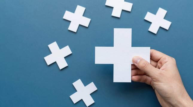 Hand holds a white plus symbol with more symbols surrounding it on a blue background