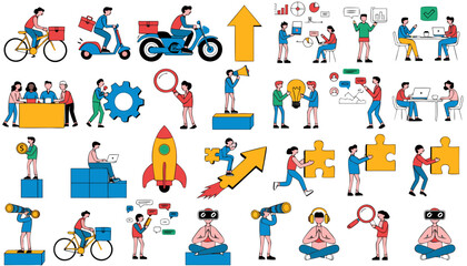 Fototapeta premium Collection of small business people illustrations for delivery and services.