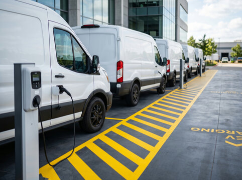 Row of White Electric Delivery Vans Parked and Charging at Modern Charging Station Outdoors