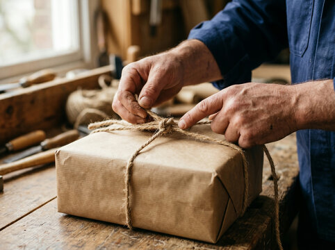 Man Hands Tying Twine Around Brown Paper Wrapped Package on Wooden Workbench