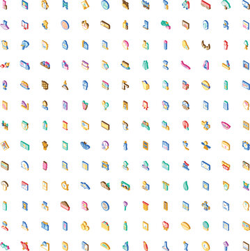 Isometric icon set presenting a wide variety of symbols, signs, and graphic design elements for web and app interfaces or digital projects, isolated on a white background