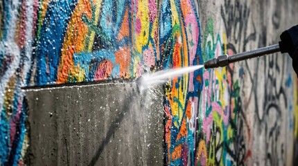 Worker uses pressure washer to remove graffiti from concrete wall. Industrial cleaning service sanitizing urban surface. Exterior maintenance and restoration of city public space.