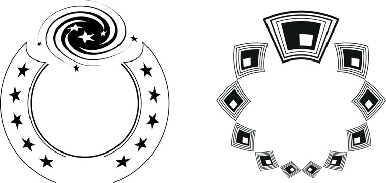 Black and white illustration of two earrings with gemstones and stars