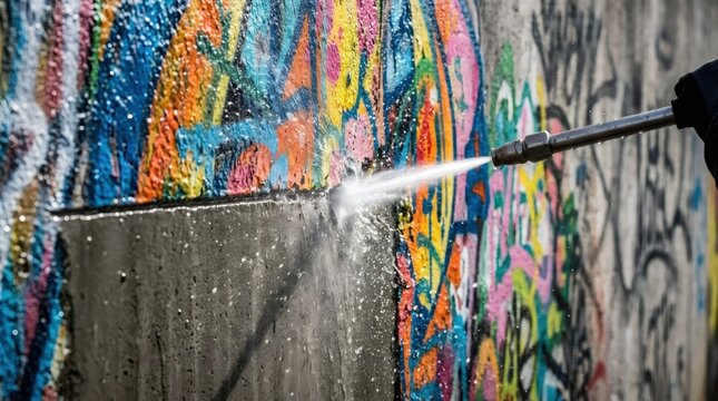 Worker uses pressure washer to remove graffiti from concrete wall. Industrial cleaning service sanitizing urban surface. Exterior maintenance and restoration of city public space.