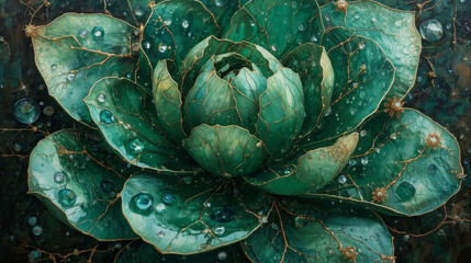 Obraz premium Textured acrylic painting, detailed single crystal lotus flower with gold and silver veins, transparent petals