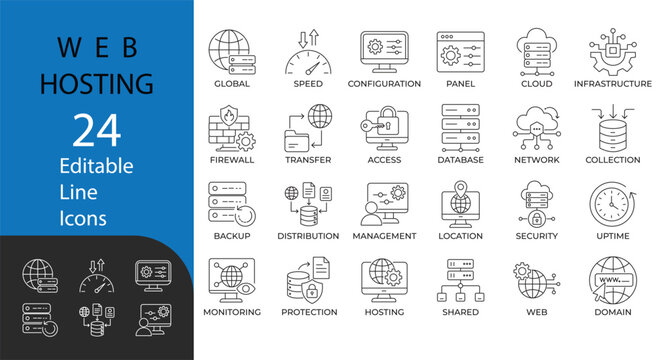 Web hosting and cloud computing line icon set. Contains symbols for server, database, firewall, and network. Line vector design for corporate presentations and tech workflows.
