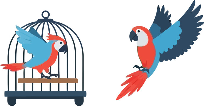 Two colorful parrots one inside a cage and one flying free representing freedom and captivity concepts flat vector illustration on white background