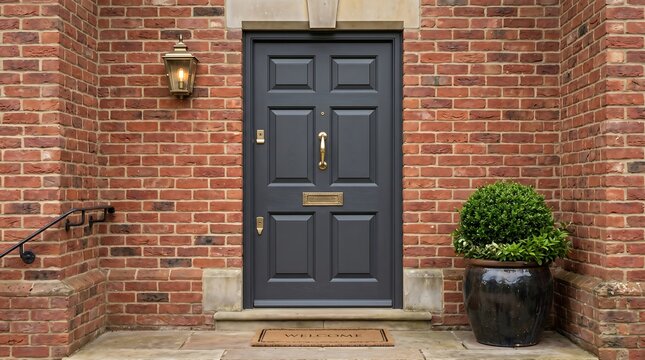 static outdoor shot focusing on a stylish luxury house facade with a classic wooden door panel alongside elegant glass sidelights