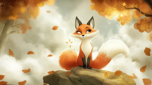 Cute fox sits atop autumnal rock