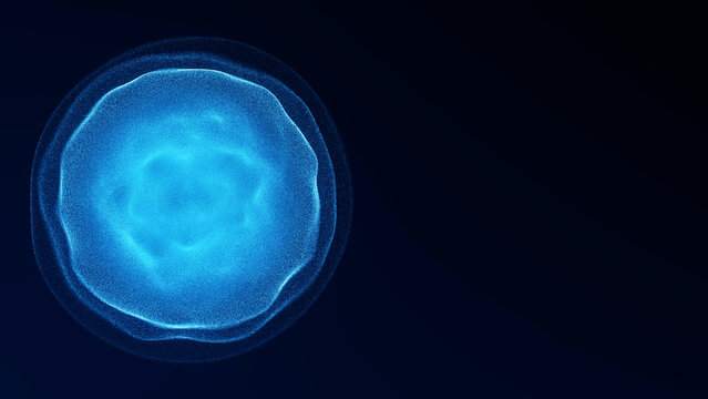 Abstract blue plasma sphere with a luminous inner core and soft particle layers on a deep dark background, well suited for AI, medical, science and technology design.
