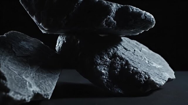 Close-up of irregular black charcoal pieces arranged in a moody studio setting