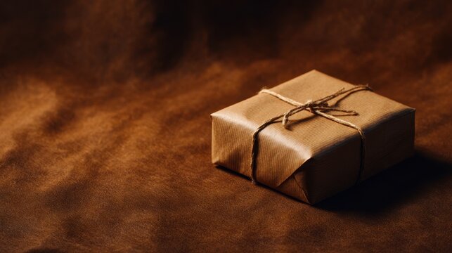 Classic brown paper gift box tied with natural twine on a warm, textured leather surface