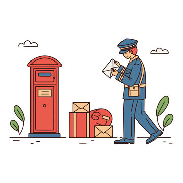 A postman in uniform checking a letter next to a red mailbox with packages.