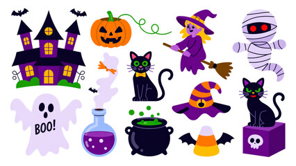 Colorful halloween-themed cartoon characters and objects collection Vector © AZIFA