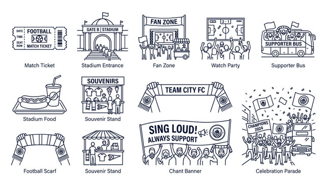 Football Stadium and Fan Zone Activities Line Icon Set