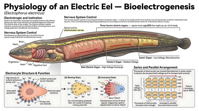 Electric eel anatomy illustration shows bioelectrogenesis process and physiology