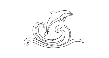 Dolphin leaping from waves continuous line drawing silhouette on transparent background © Mehrun