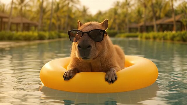 Adorable Capybara animal rodent in sunglasses on yellow inflatable ring in pool water, summer vacation relaxation tropical resort, funny cute mood, holiday tropical pool inflatable float enjoyment