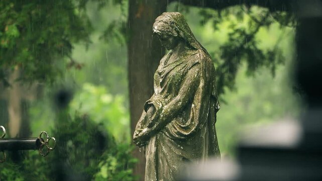 Vilnius, Lithuania &ndash; June 11, 2026: Statue of St. Mary at Bernardine Cemetery on a rainy day, slow motion