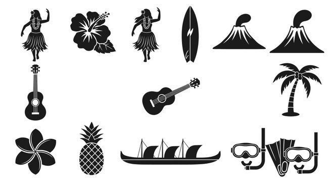 Set of Hawaiian themed travel and leisure icons in black silhouette.