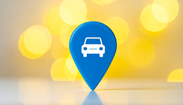 Blue map pin with white car symbol, blurred yellow background, navigation and car travel concept, modern GPS and mobility theme. Close-up.
