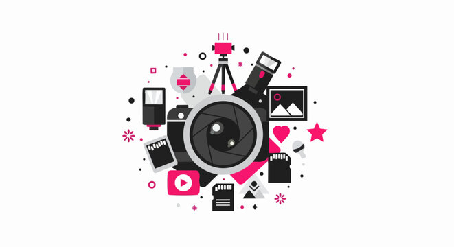 Modern Flat Vector Illustration of Photography and Videography Gear, Including Camera, Lens, Tripod, Flash, and Multimedia Icons for Content Creation