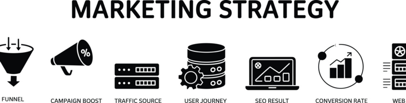 Marketing strategy icons set, funnel campaign boost, traffic source, user journey, SEO result, conversion rate optimization, web performance, business growth