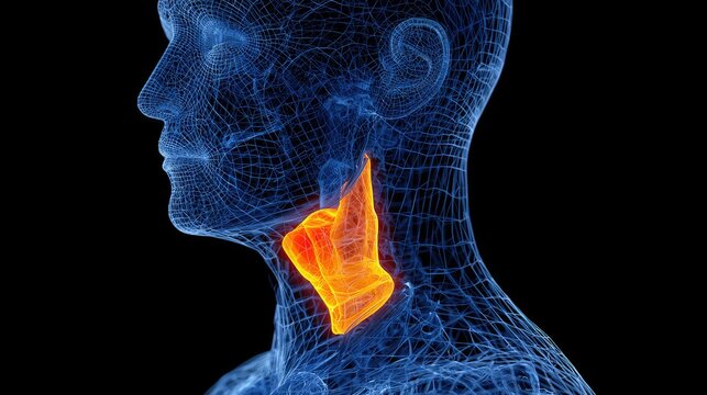 Anatomical rendering highlights glowing orange larynx within blue wireframe human head