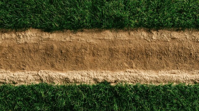 Close-up aerial view of a baseball field's infield dirt path bordered by grass