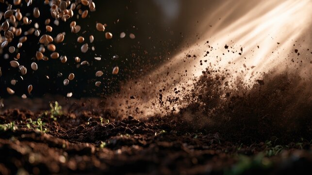 Seeds raining down, exploding earth, sunlight, new growth