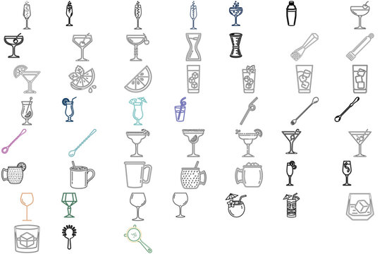 Professional Cocktails and Barware Vector Icon Set featuring 52 minimalist line art illustrations of champagne flutes, jiggers, muddlers, lime wedges, shakers, coupe glasses, and mixing bar spoons