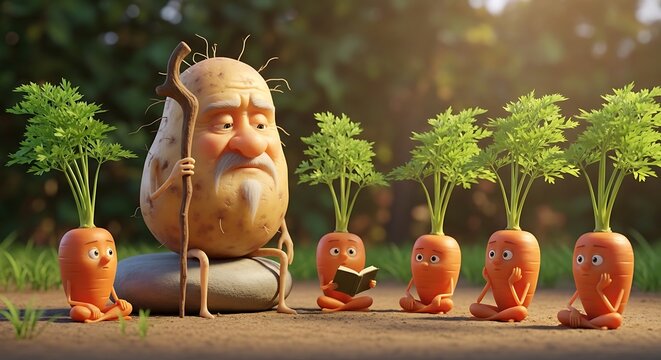 Wise Old Man Carrot with His Carrot Students in a Garden.