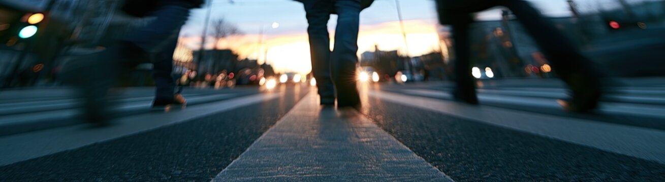 Silhouetted legs stride across a street at dusk; motion blur