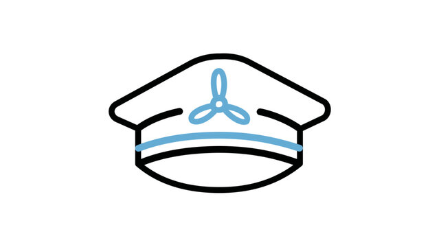 Aviation pilot uniform peaked hat vector icon illustration with an editable stroke for customized line weight and professional airline captain cap design for maritime or flight concepts.