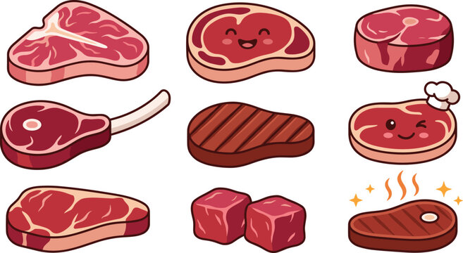 Cute Cartoon Raw and Grilled Meat Icon Set Featuring Ribeye Tomahawk T-Bone Steaks Dices and Kawaii Character Faces for Restaurant Menus and Butcher Graphics