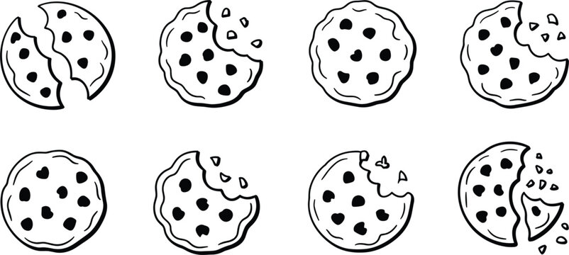Chocolate chip cookies vector set, bitten biscuit snack icons isolated illustration collection