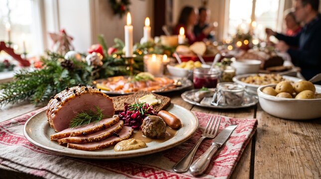 Swedish Holiday Buffet Close Up with Traditional Nordic Festive Food and Selective Focus