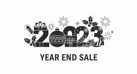 Fototapeta premium Festive 2023 numerals decorated with gifts, holly, baubles, and fireworks, with 