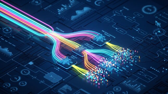 Abstract glowing fiber optic cables transferring digital data stream for cloud computing banner