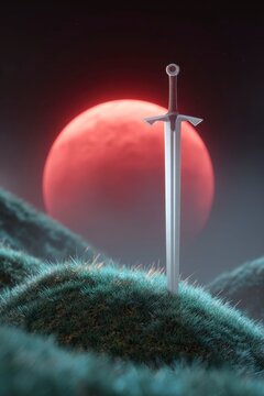 a sword on a grassy hill with a glowing red light shining behind it against a dark background