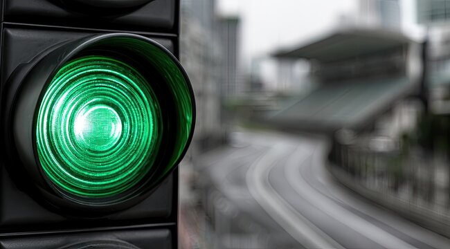 Close-up of a green traffic signal, illuminating a blurry urban street scene