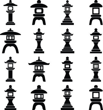 Set of Black Silhouettes of Historic Church Columns and Architectural Landmarks. Japanese Stone Lantern Icons.