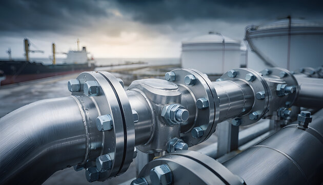 Close up of industrial steel pipelines and bolted flanges at a marine oil terminal with cargo ships and storage tanks under a cloudy sky, fuel infrastructure concept.