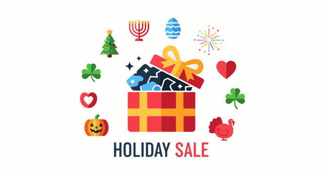 Colorful icons surrounding an open gift box with the words "HOLIDAY SALE