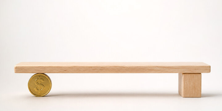 Financial security and a wooden podium with coins underneath in a financial balance concept.
