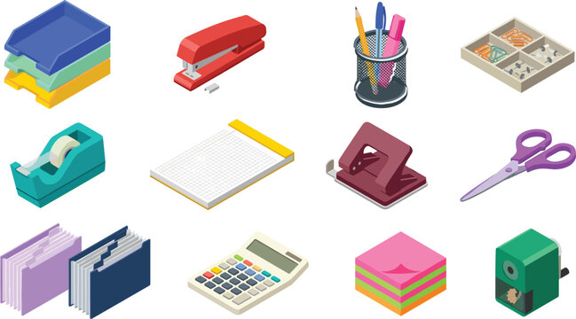 Isometric Office Supplies and Stationery Set Featuring Stapler Tape Dispenser Calculator Scissors Hole Punch and Desk Organizers Vector Illustration