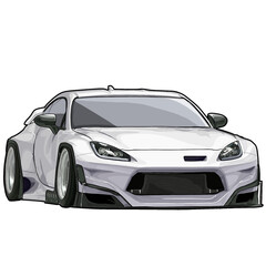 Naklejka premium Digital illustration of a white modified Japanese sports coupe with aggressive widebody styling, custom wheels, lowered suspension, and modern street performance aesthetics. 